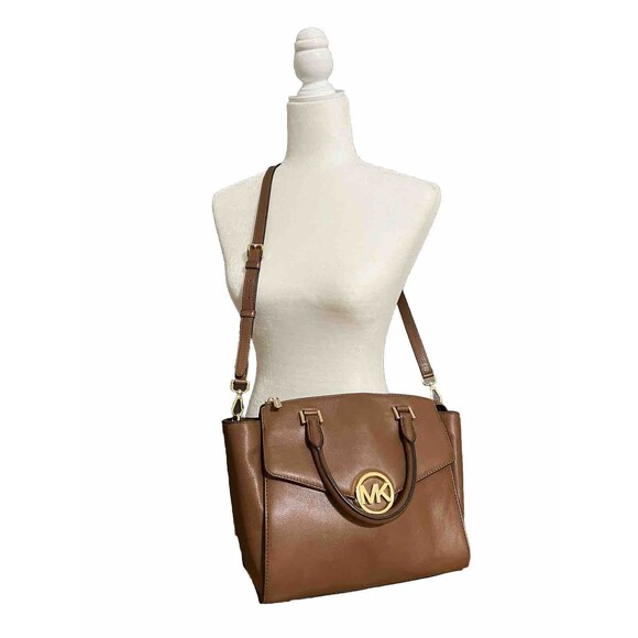Michael Kors Caramel Chestnut Leather Designer Top Handle Crossbody Purse Brown - Picture 1 of 7